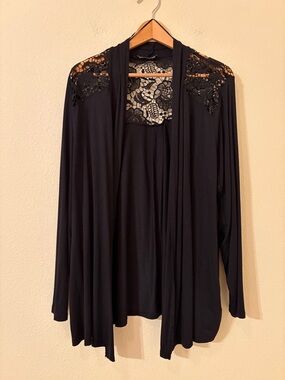 Cable & Gauge Black Lace Yoke Open Front Cardigan